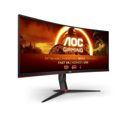 AOC Gaming CU34G2XPD Monitor curvo WQHD da 34 pollici, 180 Hz, VA veloce, GTG da 1 ms, FreeSync Premium, HDR400, supporto regolabile in altezza 3440x1440, HDMI, DisplayPort, hub USB