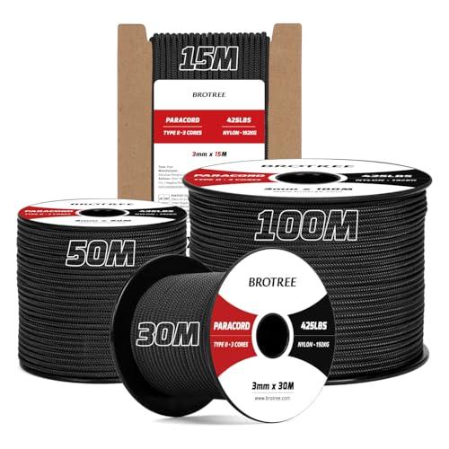 Brotree Paracord 3mm 50M Corda 100% Nylon Tipo II 3 Fili Corda Paracord 425 per Esterno, Artigianato, Fatto a Mano - 192 kg Carico di Rottura (Nero)
