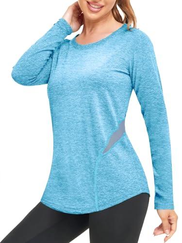 Wayleb Maglietta Donna Fitness Maniche Lunghe, Top Sportivo Leggero con Rete ai Lati per Palestra, Yoga e Jogging – Blu Cielo M