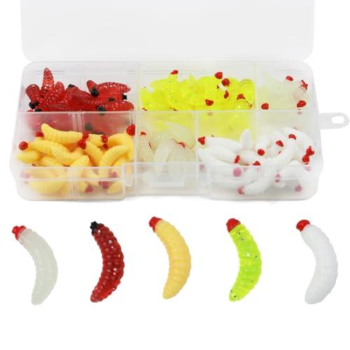 Vicloon Vermi Artificiali, 100 Vermi Morbidi, 5 Colori Esca Artificiale Vermi Pesce, Vermi In Plastica Morbida, Vermi Finti per Pane, per Acqua Salata e Dolce, per Spigola, Trota, Glaucomi