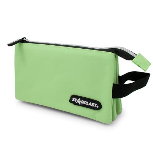 Starplast Astuccio 1 cerniera, 3 tasche scomparto, compatto, 10 colori, 22,5 x 12,5 x 3,5 - 11 cm, estensibile, con manico, grande capacità, per studenti secondari o università., verde chiaro, Borse