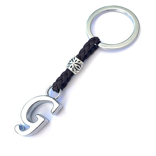 ASTER ALHELÍ - Portachiavi con Iniziali del Nome Personalizzato - Portachiavi Cuoio Lettere e Perline in zama placcate in Argento - Uomo o da Donna con Iniziale - Ideale per i Regali (G)