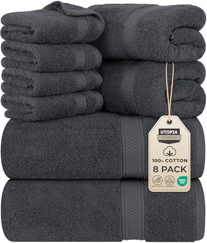 Utopia Towels, Set Di Asciugamani Da 8 pezzi, 2 Asciugamani Da Bagno, 2 Asciugamani a Mano e 4 Panni Da Lavare, Altamente Assorbente Per Bagno, Palestra, Hotel e Spa (Grigio)