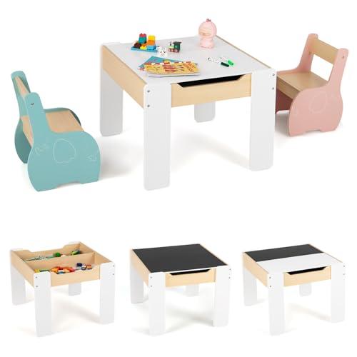 COSTWAY Tavolo e Sedie per Bambini 3 in 1, Tavolino con Lavagna Rimovibile e Archiviazione, Multicolori