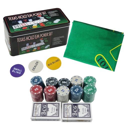 Globly Set da Poker Professionale con Valigetta in Alluminio, 200 Fiches, 2 Mazzi di Carte, Gettoni e Tappetino Verde, per Texas Hold’em, Blackjack e Altri Giochi da Casinò