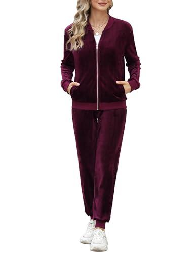 Irevial Pigiama Pile Set Donna in Velluto Tuta da Sportiva Due Pezzi Casual Giacca a Zipper Top e Pantalon Training con Tasca Autunno Inverno Vino Rosso XXL