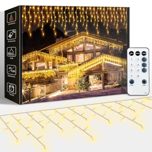 ARKOCHIC 10M Luci Natale Esterno Cascata, LED Tenda Luminosa Natale Bianco Caldo Luminarie Natalizie da Esterno con 8 Modalità, Memoria, Luci Decorazioni Natalizie per Casa, Balcone, Finestra