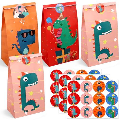 Tatxmalv 24 Sacchetti di Carta Dinosauro, Compleanno Dei Bambini Sacchetti di Caramelle Colorati con 36 Adesivi per Compleanno Dei Bambini, 24x13x8 cm Sacchetti Regalo, Confezioni Regalo