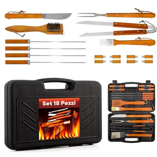 Avilia Set Accessori Barbecue 18 Pezzi in Acciaio e Legno - Valigetta Portatile con Kit Grigliata Completo con Attrezzi Barbecue Resistenti e Pratici