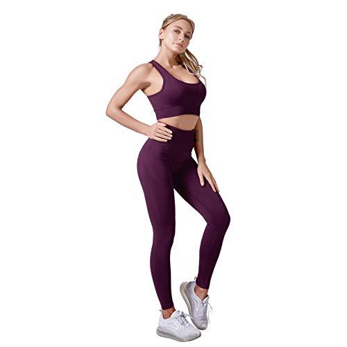 Jamron Donna Set di Abbigliamento Yoga Reggiseno Sportivo+Leggings 2 Pezzi Tuta Sportiva Palestra Fitness Activewear Viola Scuro SN071202 M