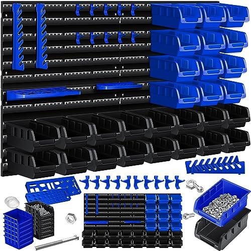 Masko® Scaffale da parete + Scatole impilabili + Portautensili, Espandibile, Scaffale da officina, Scaffale portaoggetti, Scatole portaoggetti visibili, 45 Parti - Nero/Blu