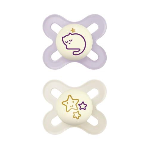MAM Original Start Night Succhietto 0-2 Mesi (Set da 2), Ciuccio MAM 0-2 mesi che si illumina al buio con tettarella in caucciù, Kit da 2 accessori neonato con porta ciuccio sterilizzatore, Rosa