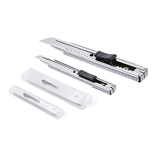 Amazon Basics - Taglierino multiuso autobloccante, con corpo in lega di zinco, in confezione da 2 pezzi con 20 lame SK5 extra per tagli di precisione, Argento