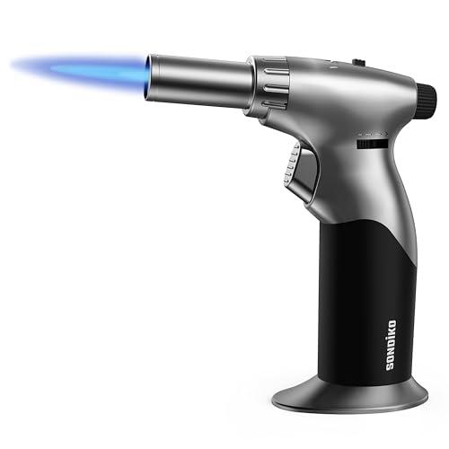 Sondiko Cannello da Cucina, Cannello a Gas S901, Cannello Ricaricabile con Blocco di Sicurezza e Fiamma Regolabile per Bricolage, Creme Brulee, Barbecue e Cottura, Gas Butano Non Incluso
