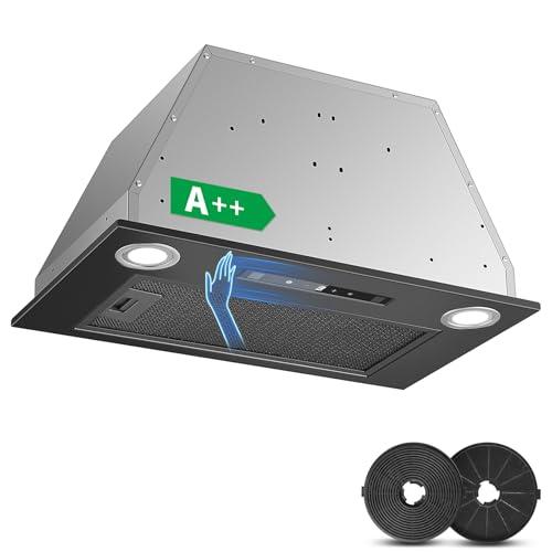 KICHPOWER Cappa da incasso 52 cm, 400 m³/h, Nero Cappa da cucina, Comandi Gesto, Tocco, 3 velocità e Booster, Illuminazione a LED, Evacuazione dei condotti e ricircolo con filtro carbone attivo