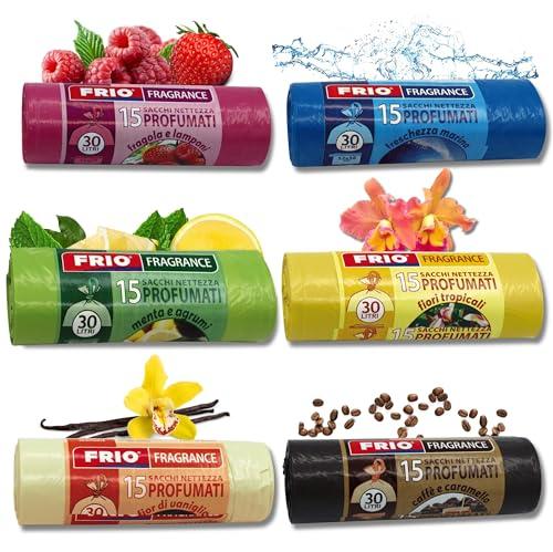 FRIO Multifrutti - 90 Sacchetti spazzatura 30 Litri Profumati, 6 Confezioni da 15 Sacchi immondizia con 6 aromi, colori assortiti - 52x58 cm - Buste per pattumiera resistenti, piccoli, differenziata