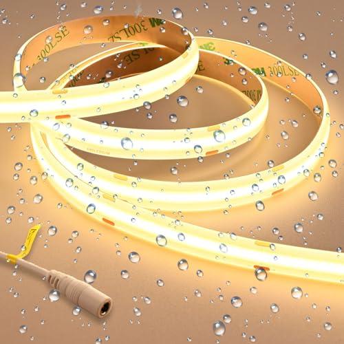 GOMING 24V Super Luminoso COB Striscia LED Bianco Caldo 3000K 5M 2050LM/M 14.5W/M IP65 Impermeabile Alta Densità 480LED/M CRI 93+ Luci LED per Decorazione Casa(Senza Alimentazione)