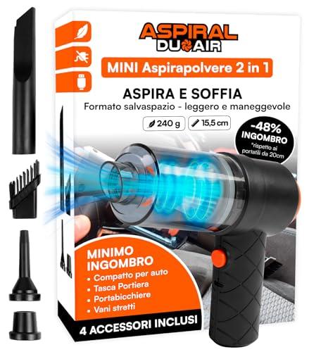 Aspirapolvere Aspirabriciole Senza Fili Auto Casa e Ufficio - Mini Aspiratore e Soffiatore Portatile 2in1 Aspiral DuoAir Ricarica Rapida USB e 4 Accessori Inclusi - Dimensioni 14x15,5x5,5cm