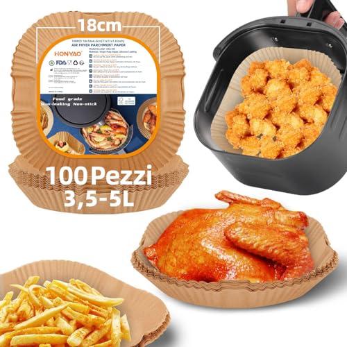 HONYAO 18x18 cm Fogli di Carta Forno per Friggitrice ad Aria 3,5-5 L,100 Pezzi Antiaderente Usa e Getta Carta Pergamena, Impermeabile Antiolio Accessori per Air Fryer - Quadrato