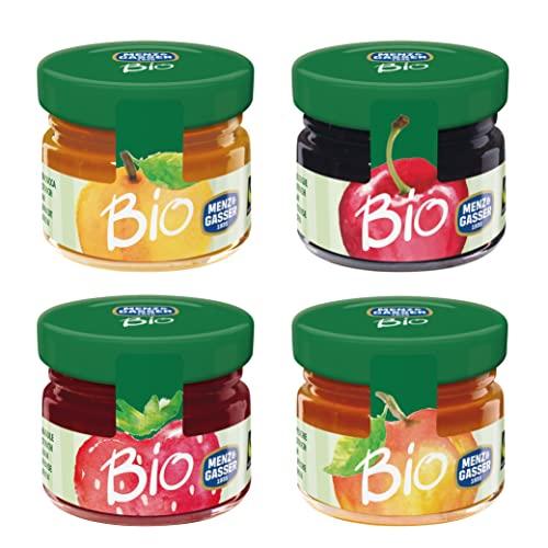 Menz&Gasser Confettura Extra Bio di Gusti Assortiti Monodose Biologica, Albicocca, Ciliegia, Fragola e Pesca, con Frutta, 100% Made in Italy, 96 Vasetti x 28 g