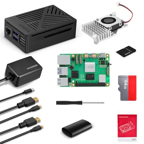 Vesonn Raspberry Pi 5 16 GB Starter Kit con scheda 64 GB Alloggiamento Raspberry Pi 5 con dispositivo di raffreddamento attivo Alimentatore GaN 5,1 V 5 A tipo C 2 cavi di uscita HD Lettore di schede