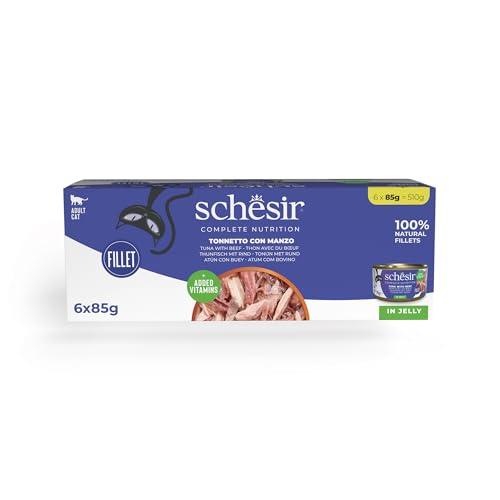 Schesir, Tonnetto con Manzo in Gelatina, Cibo Umido Completo per Gatti, 100% Naturale, 6 lattine da 85g