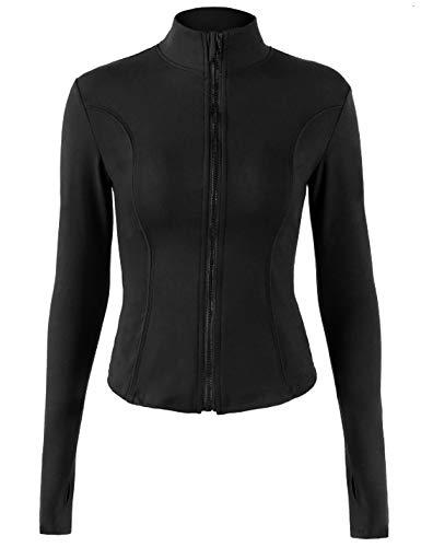 Locachy Giacca da donna slim fit con zip intera per atletica, corsa, sport, allenamento, con tasche, nero, Small