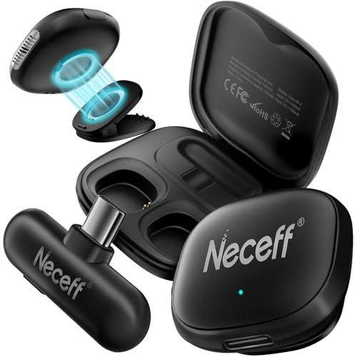 Neceff Echo Air2 Micrófono Lavalier Wireless para iPhone con USB-C (desde el 15) y Android, Mini Mic Plug-and-Play con Cancelación de Ruido por IA, 48kHz/24Bit Batería de 32h para Vlogs/TikTok/Podcast