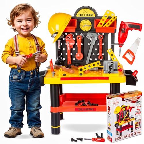 Kinderplay Banco da Lavoro Bambini – Officina Giocattolo con Trapano Elettrico e 50 Accessori – 3+ Anni – Casco Incluso – 58x33x68 cm