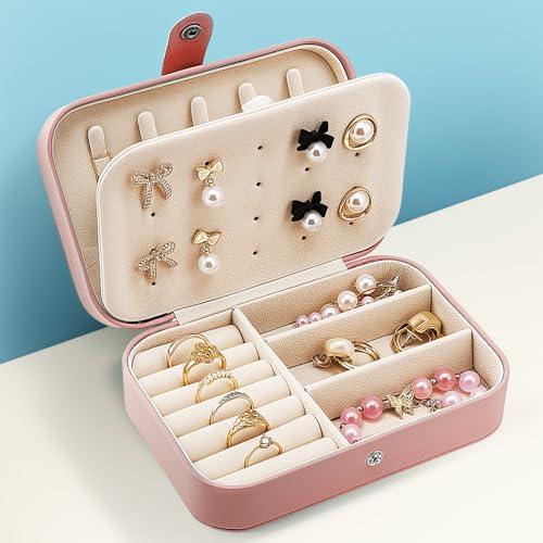 Portagioie da viaggio, piccole scatole organizer per gioielli per donne e ragazze, custodia da viaggio a 2 strati, in tela, mini espositore portatile per gioielli, orecchini, anelli, collane,