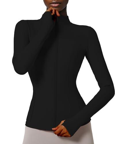 Locachy Giacca da donna aderente con zip intera per atletica, corsa, sport, allenamento, con fori per pollici, X-Small