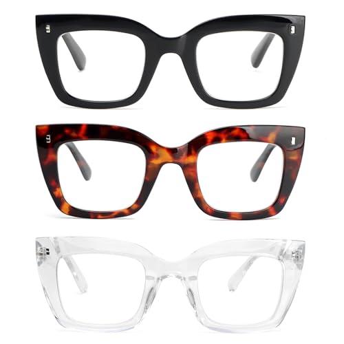 KoKoBin 3 confezioni di oversized occhiali da lettura quadrati da donna, anti luce blu con cerniere a molla occhiali (3 confezioni, 2, Diottria)