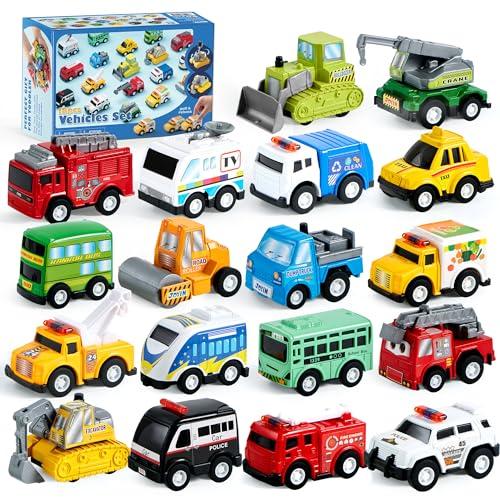 JOYIN 18 pezzi macchinine giocattolo auto e camion Set modellini per veicoli Tirare indietro veicoli alimentati a frizione per bambini e ragazzi Giocattoli educativi