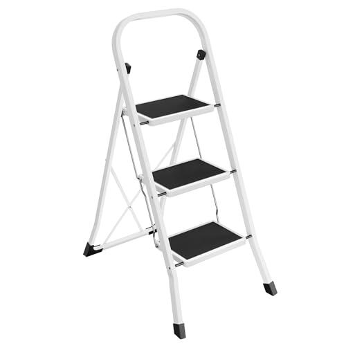 SONGMICS Scaletta, Scala a 3 Gradini, Scaletta Pieghevole, Chiusura di Sicurezza per Piegamento, Facile da Riporre, Portante 150 kg, Bianco Semplice GSL03WT