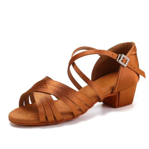 SWDZM Scarpe da Ballo Latino Americano Bambina&Donna Scarpe da Ballo Salsa Bambina con Tacco Basso,Marrone Raso,Tacco 3.5cm,Suola in camoscio,33 EU