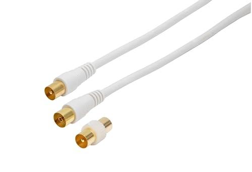 NVS Prolunga cavo antenna coassiale schermato alta qualità Gold spina presa con adattatore maschio maschio IEC 9,5 mm lunghezza 2 mt bianco