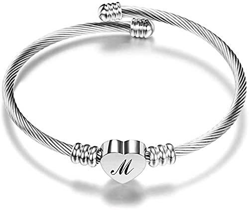 Aurstore Bracciale a cavo da 20 cm, in acciaio inossidabile 316L, regolabile, personalizzabile con lettera A-Z, da donna, colore argentato (M)