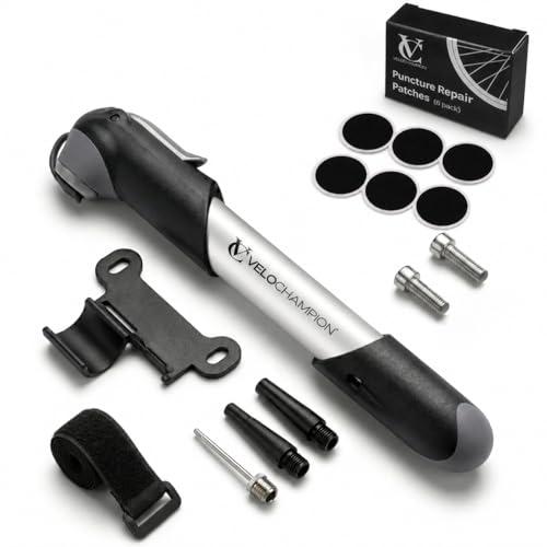 VeloChampion Mini Pompa per Bicicletta: portatile, leggera, compatta con supporto per telaio. Pompa Bicicletta adatto a valvole Presta, Schrader e Dunlop. Pompa Bici da strada, MTB e BMX