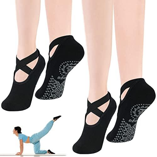flintronic Calzini Antiscivolo Yoga Donna, 2 Paia Antiscivolo Calze Donna, Calze da Yoga, Calzini Pilates Sportivi con Cinturino per Yoga, Pilates, Balletto, Danza, Ballo a Piedi Nudi, Fitness