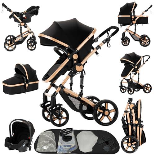 Prokoke Passeggino Trio, Passeggino 3 in 1 con Design Pieghevole in Un Clic, Trio Passeggini Neonati con Due Modi Reversibili per Spingere, Tris con Lega di Alluminio a Cornice (black gold 588)