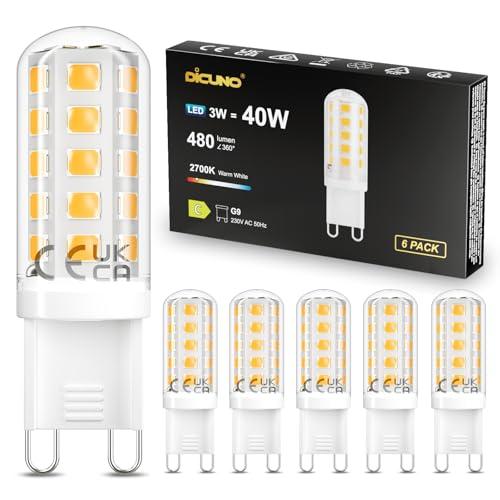 DiCUNO Lampadina LED G9 3W, equivalente a 40W alogena, 480lm, Non dimmerabile, Risparmio energetico, Led G9 per camera da letto, Soggiorno e Cucina, 6 Pezzi
