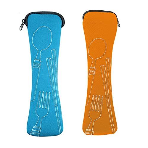 Mnsconkl Borsa per posate da viaggio, 2 pezzi, portatile, in neoprene, da picnic, da campeggio, per bambini, per la scuola di Natale, lavabile (arancione, azzurro)