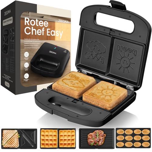ZEEGMA ROTEE CHEF EASY Tostiera Multifunzione 750 W 5 in 1, per Toast Pane Waffles Panini Biscotti Griglia, Tostapane, Piastre antiaderenti Protezione dal Surriscaldamento