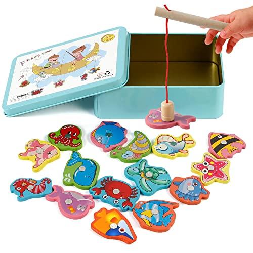 Giocattoli di Legno Gioco di Pesca, Vittse Giochi Montessori Bambini 2 Anni Gioco di Pesca Magnetico, Bambino in Legno Educativo Giocattoli, Giochi per Bambini per Sviluppo (Blu)