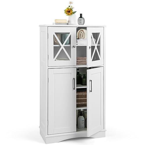 COSTWAY Mobile da Bagno con 4 Ante, Armadio da Terra con Ripiani Regolabili, Mobiletto Multifunzionale per Bagno Cucina e Soggiorno, 60x30x108 cm, Bianco (Bianco)