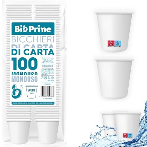 Bio Prime - 100pz - Bicchieri Acqua in Carta 200ml - Bicchieri 200ml Biodegradabili - Per Bevande Calde, Acqua e Bibite - Bicchieri Usa e Getta.