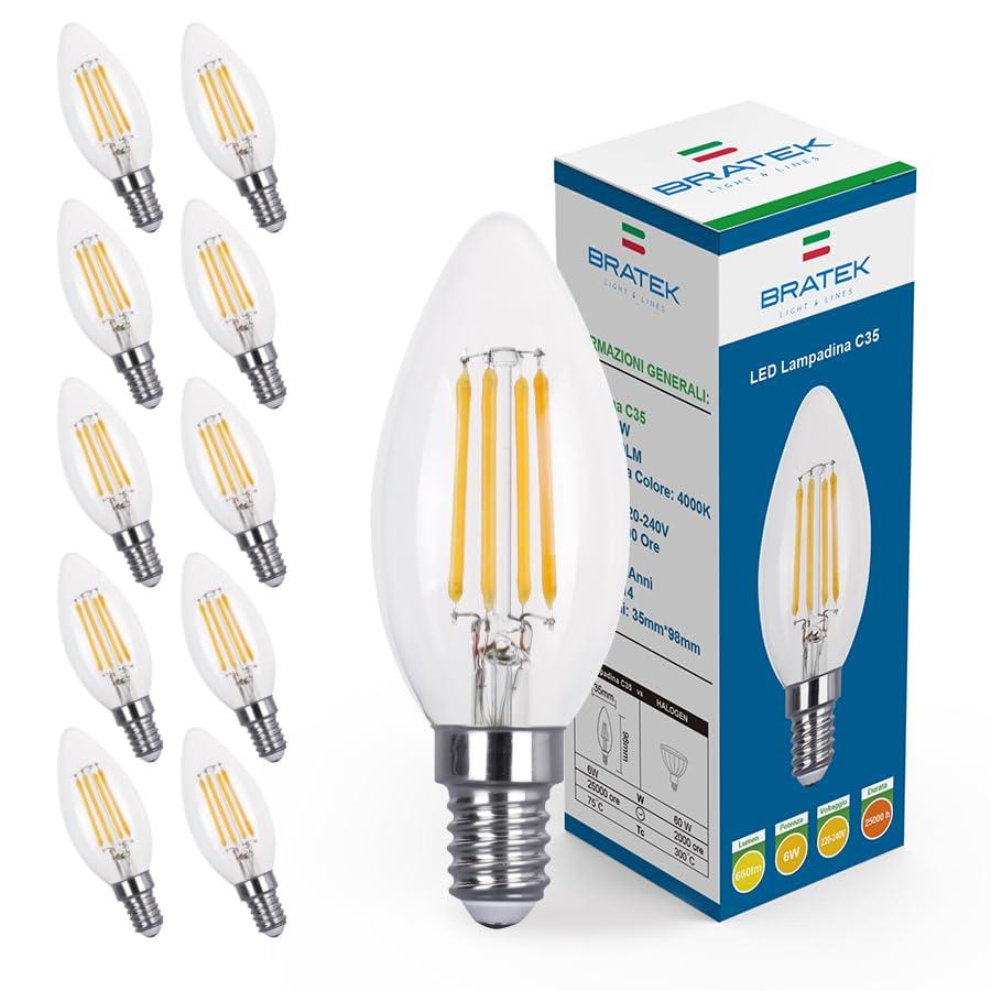 Bratek 10 Lampadine Led E14 Luce Naturale Vintage a Candela 4000k 6W 660 Lumen - Lampadina Vintage Attacco Piccolo e14 a Filamento Led Trasparente Equivalente 75W a Incandescenza o 60w Alogena