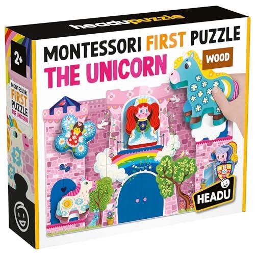 HEADU - Montessori First Puzzle the Unicorn - Grandi pezzi e grandi sagome di legno - Puzzle Educativo Bambini 2-4 anni, Made in Italy