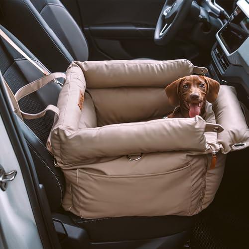 Funnyfuzzy, Seggiolino da auto per cani di piccola e media taglia fino a 15,9 kg, in pelle impermeabile, con guinzaglio di sicurezza, base antiscivolo e lettino da viaggio completamente imbottito