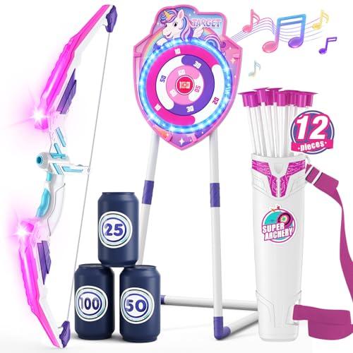 HYES Arco e Freccia per Bambini, LED Luce Unicorno Tiro con L'Arco Set con Frecce Aspirazione, in Piedi Glow Target, Punteggio Obiettivi, Quiver, Indoor Outdoor Regali Giocattoli per Ragazzi Ragazze